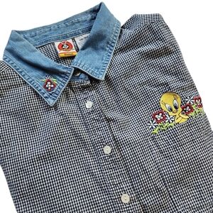 Vintage Y2K Looney Tunes Embroidered Tweety Gingham Button Up Shirt 2000s